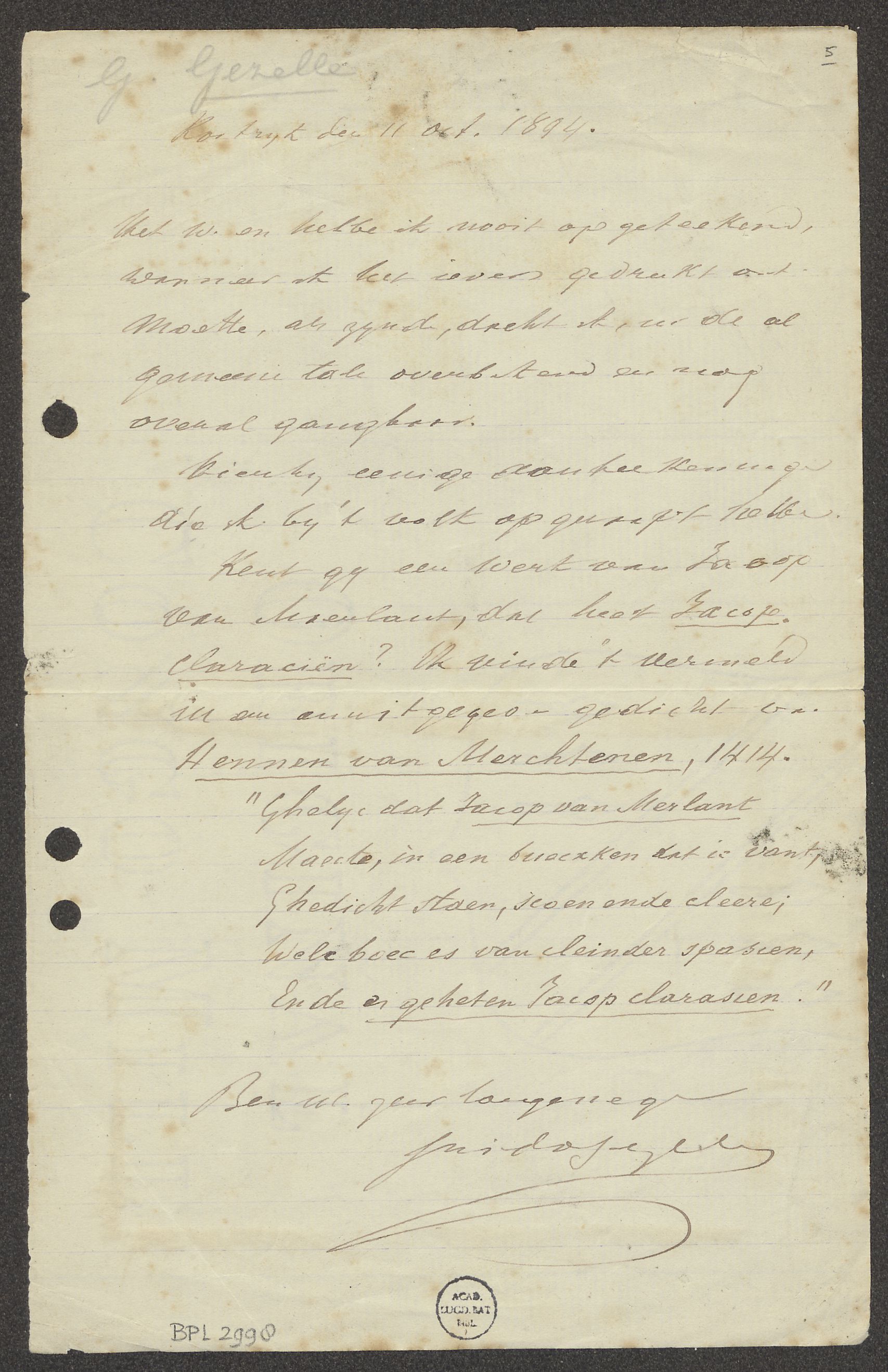 Guido Gezelle aan [Willem Lodewijk De Vreese]