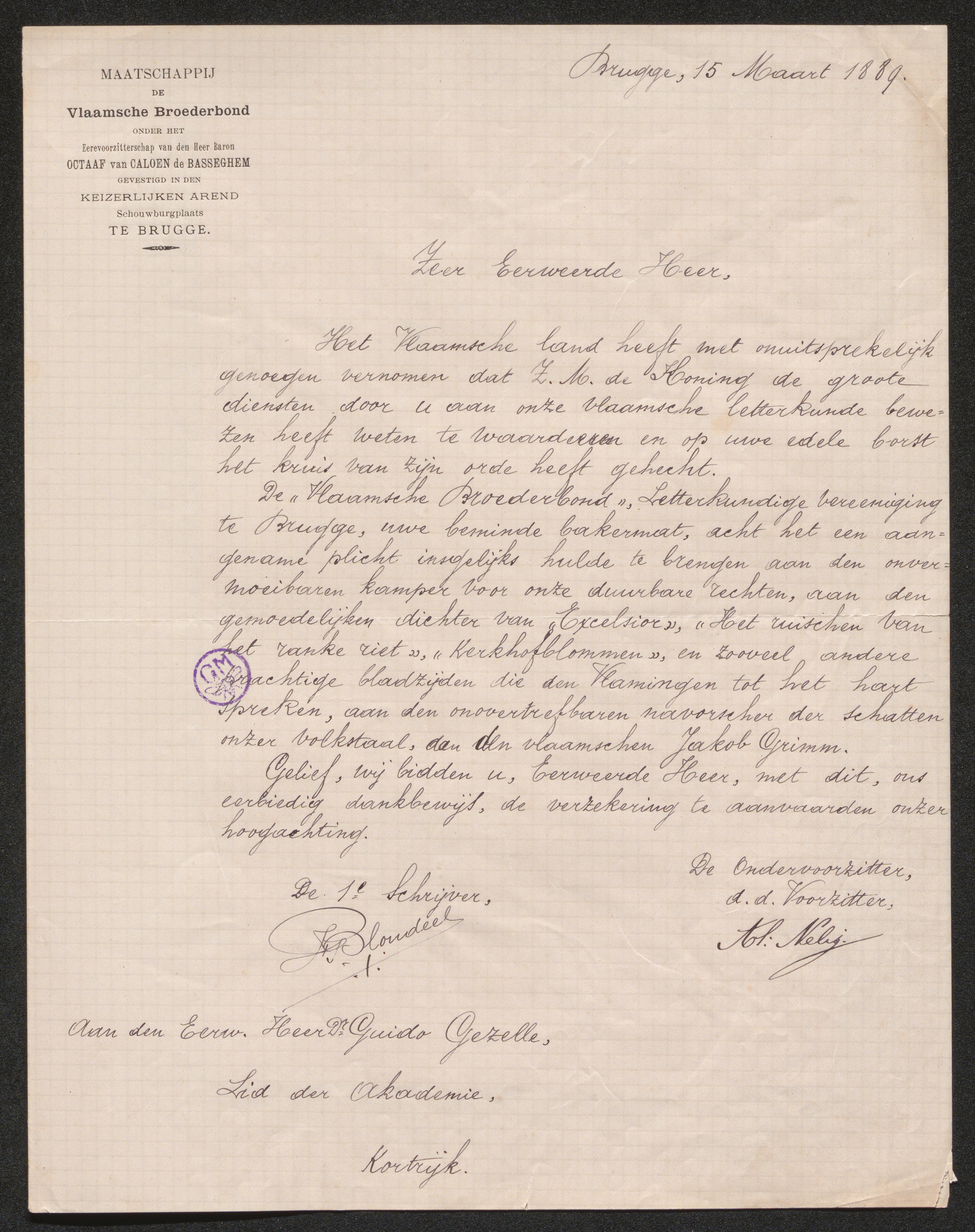 Firmin Blondeel en Aloïs Nelis (i.n.v. de Vlaamsche Broederbond) aan Guido Gezelle