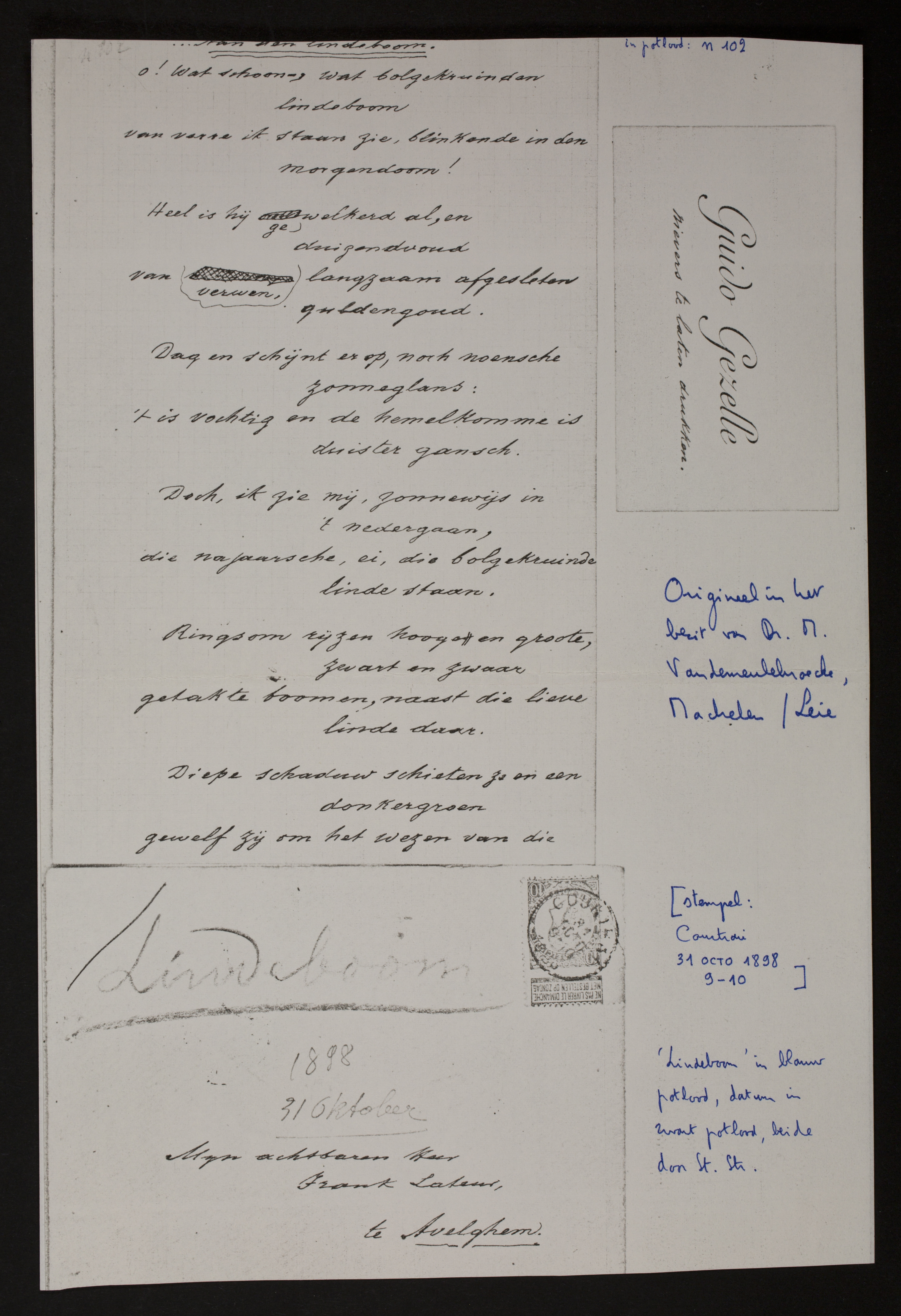 Guido Gezelle aan Frank Lateur (= Stijn Streuvels)