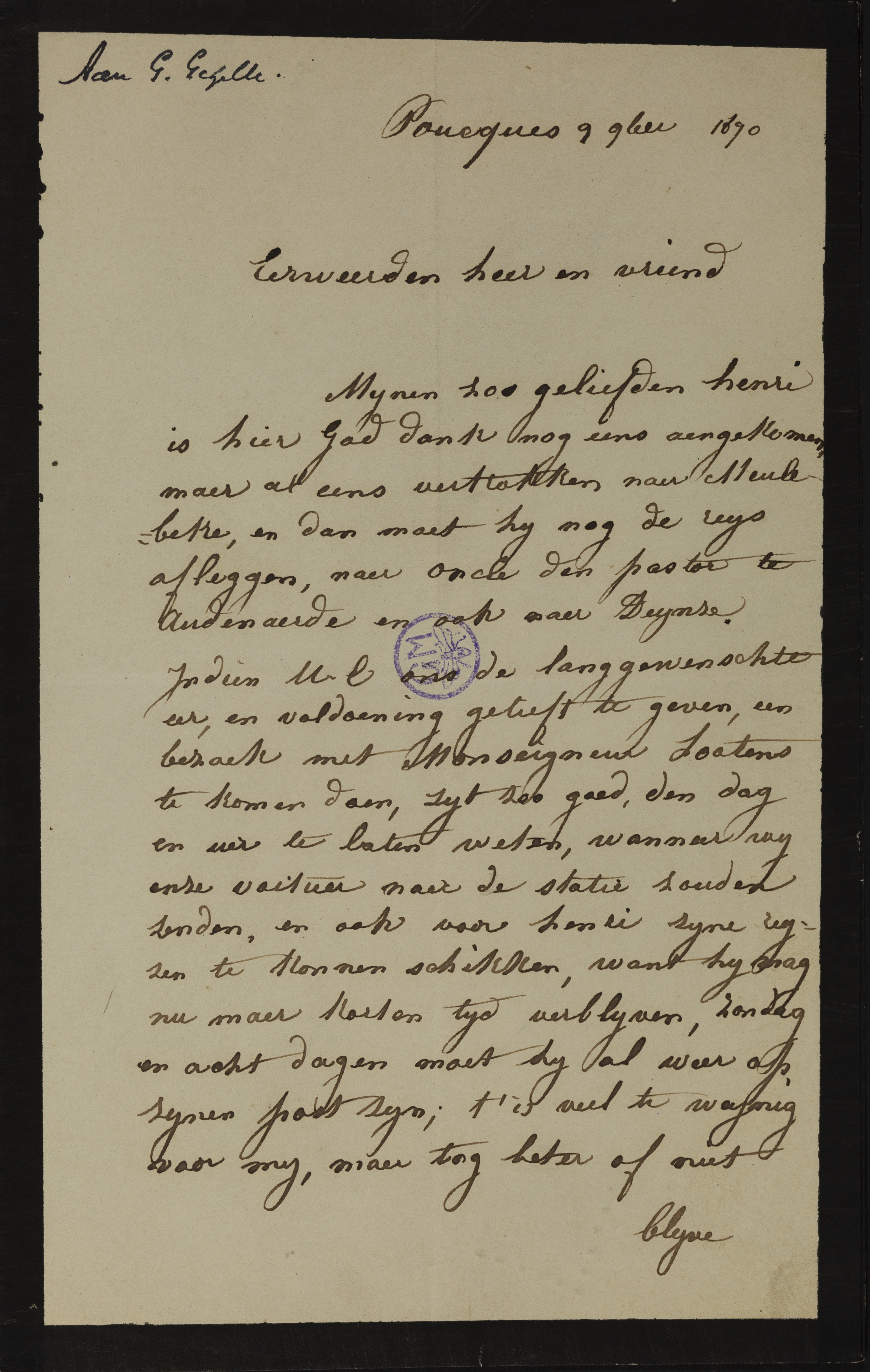 [Justine Van De Velde] (= mevrouw Justine Van Doorne) aan [Guido Gezelle]