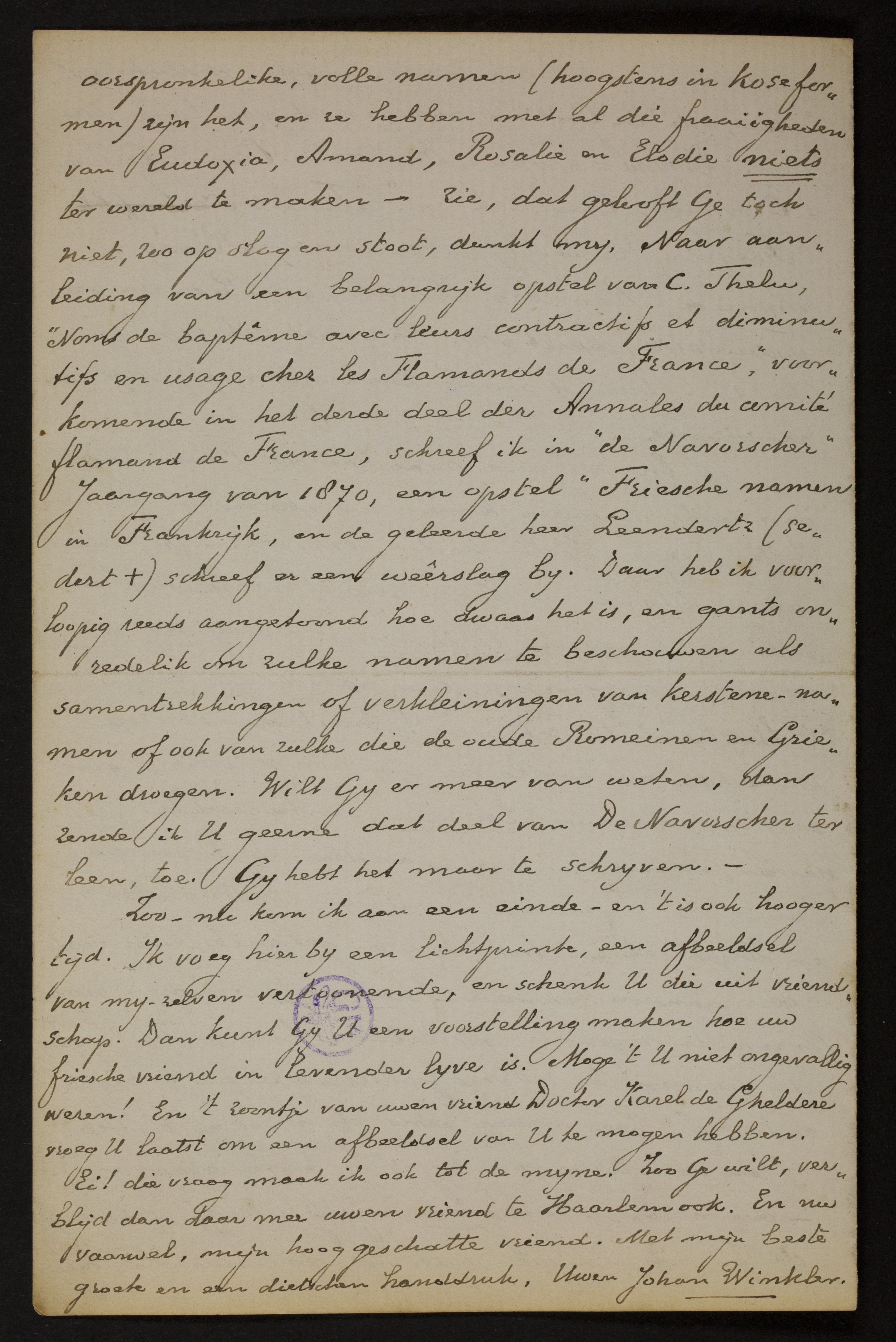 Johan Winkler aan [Guido Gezelle]