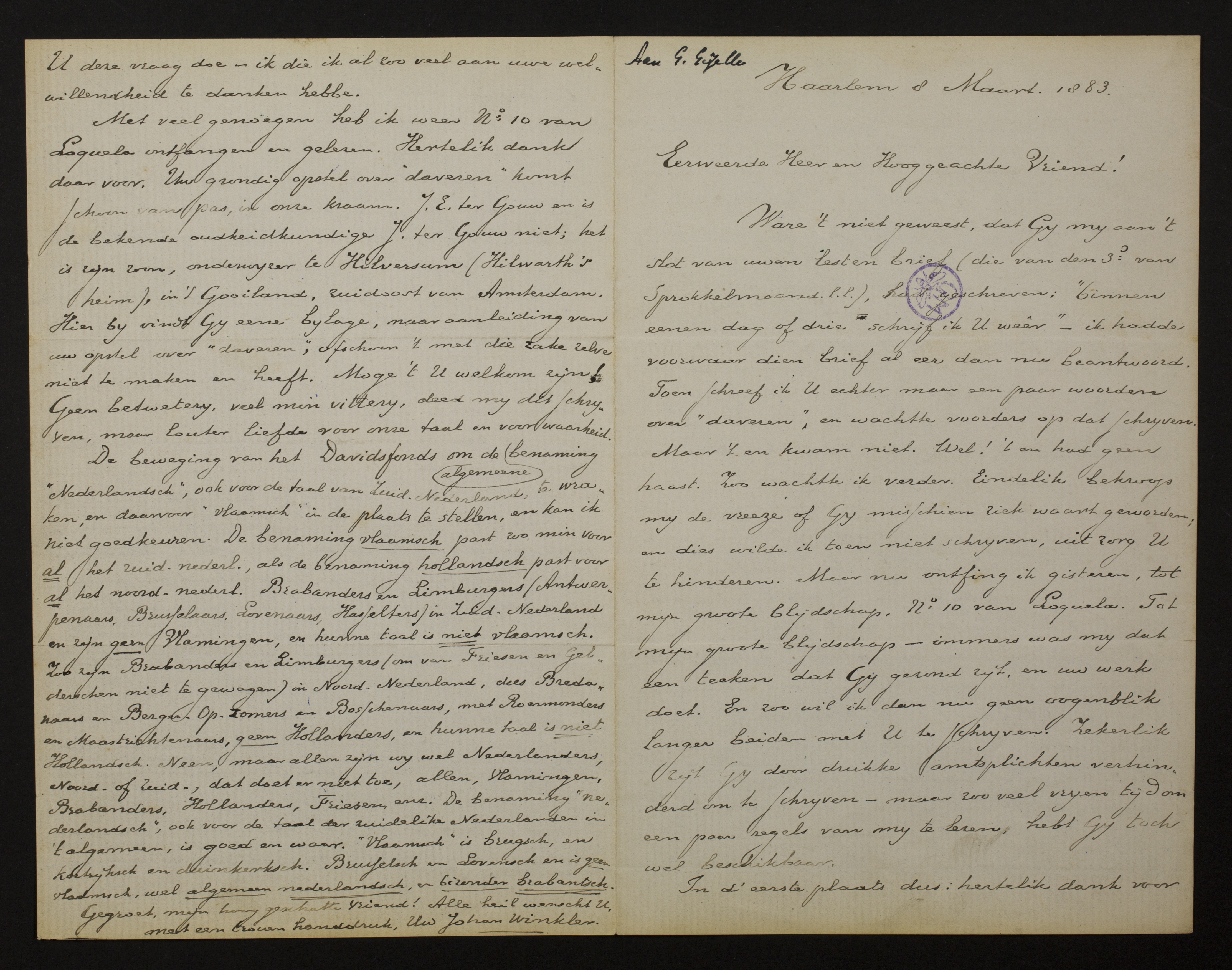 Johan Winkler aan [Guido Gezelle]