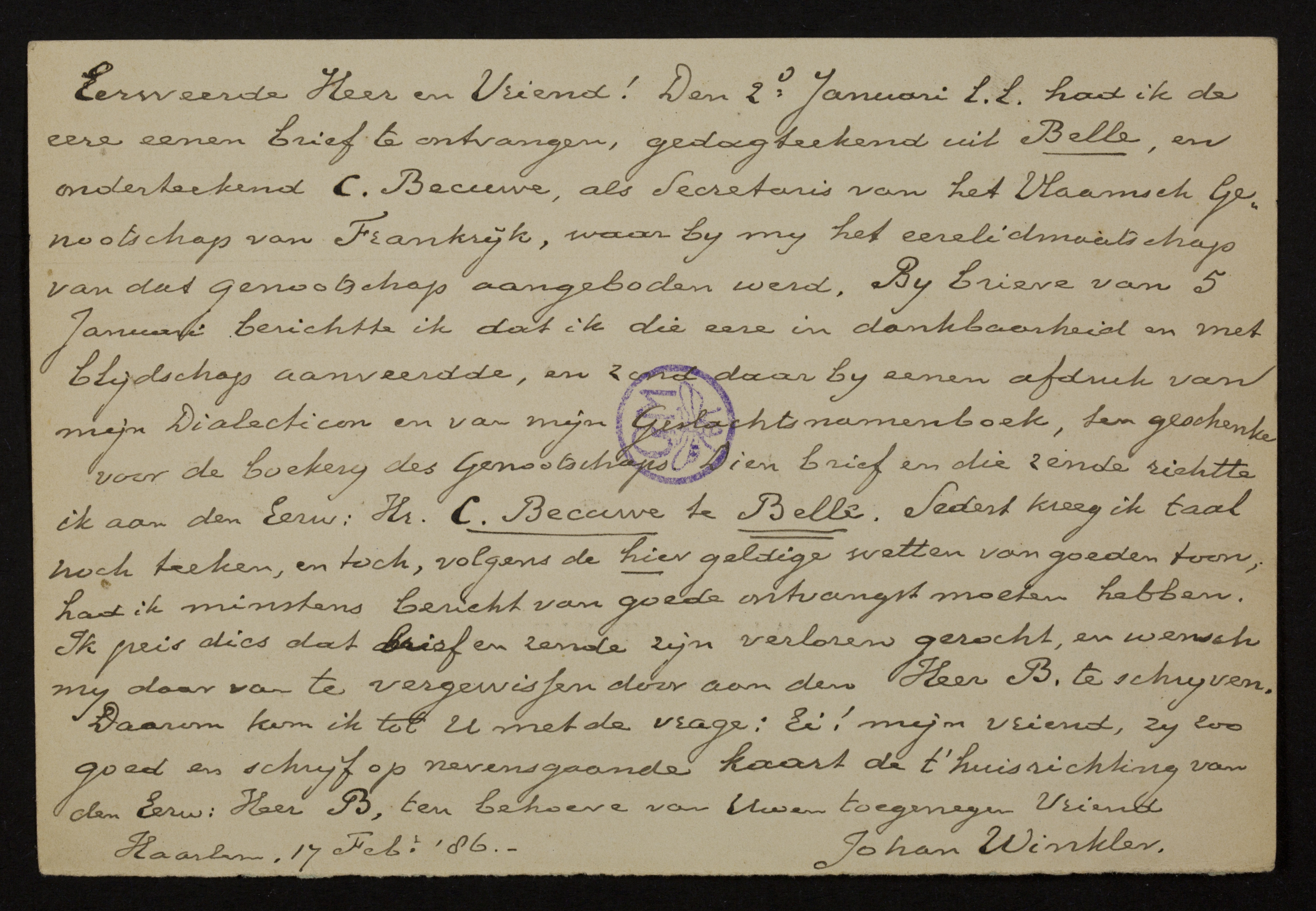 Johan Winkler aan Guido Gezelle