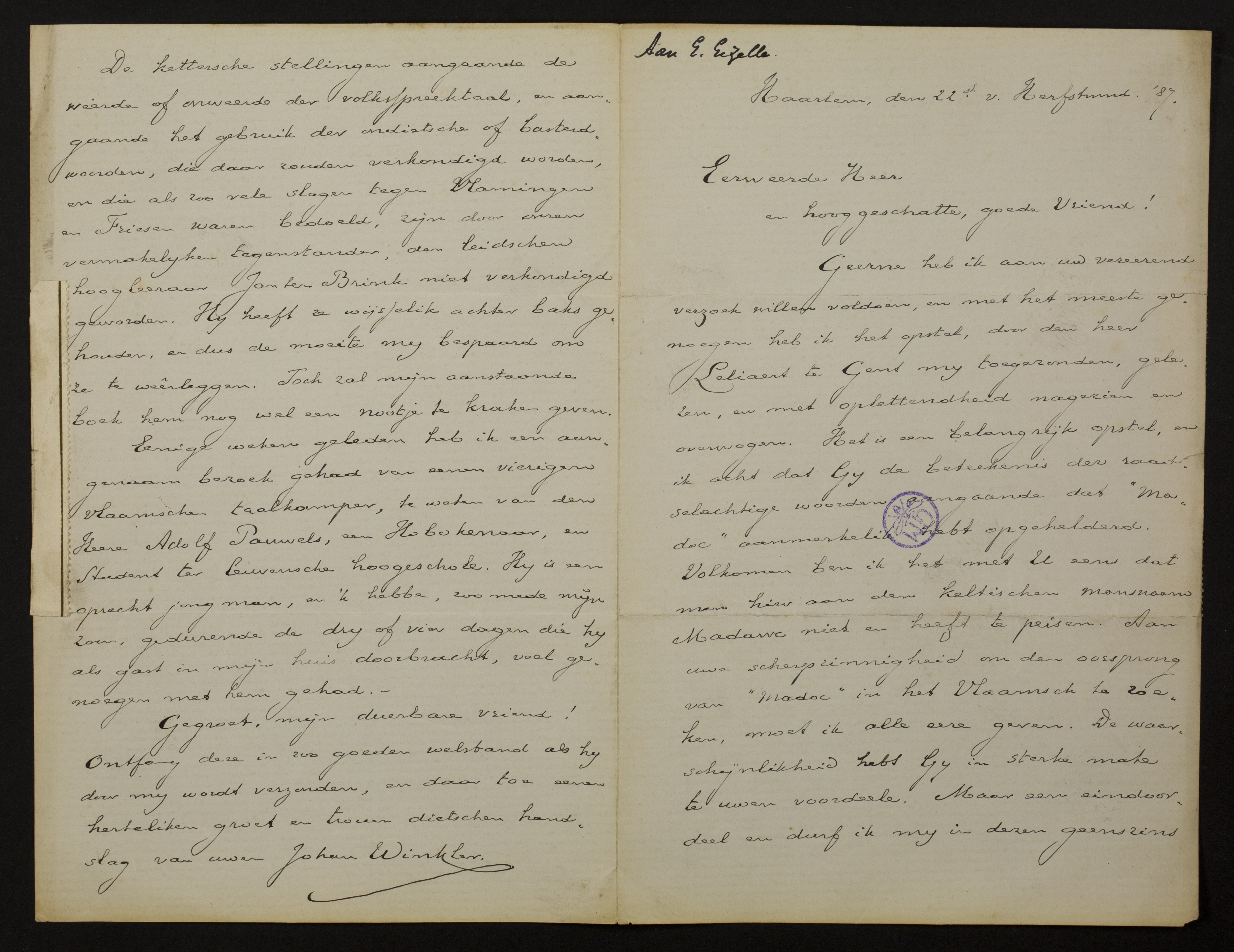 Johan Winkler aan [Guido Gezelle]
