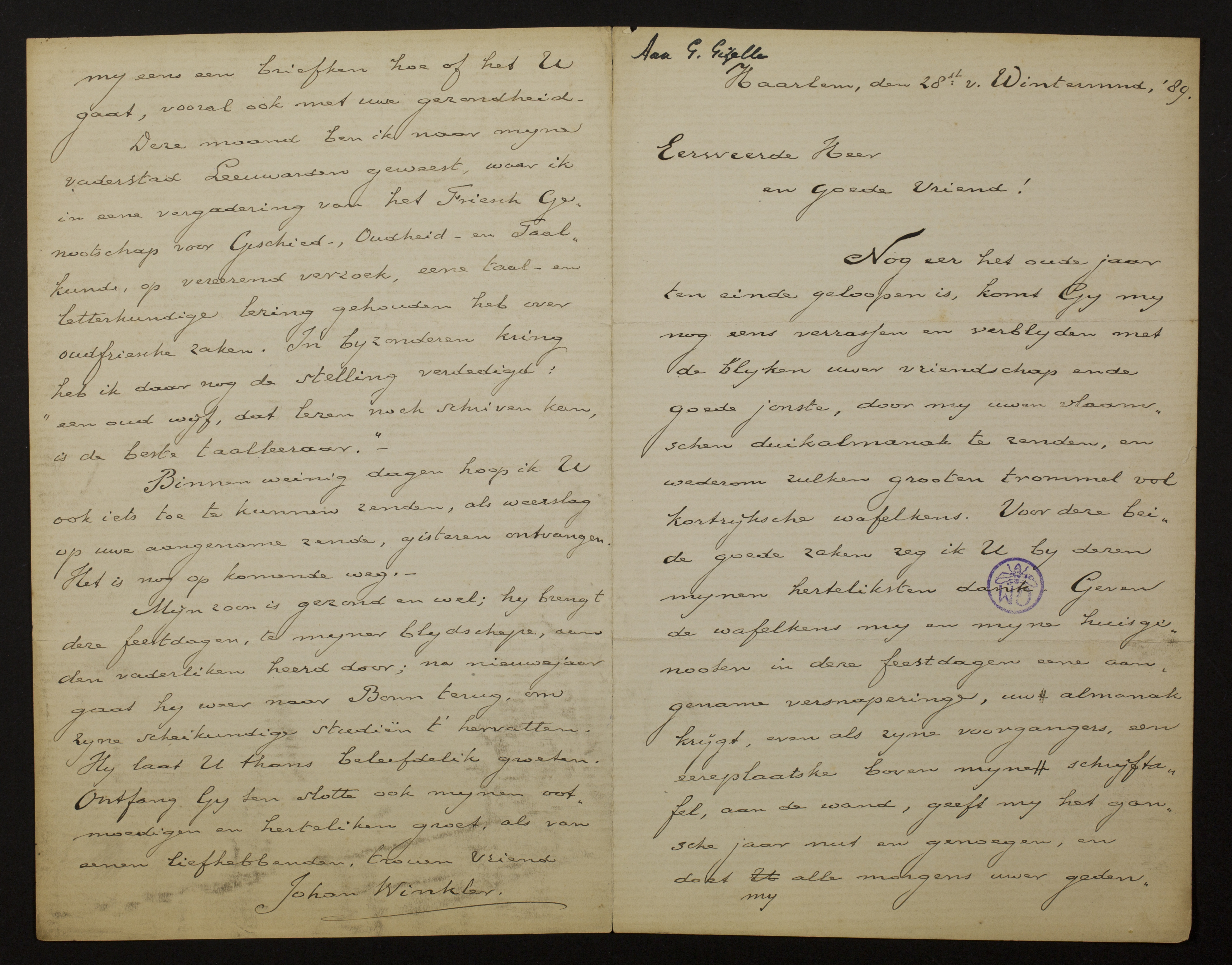 Johan Winkler aan [Guido Gezelle]