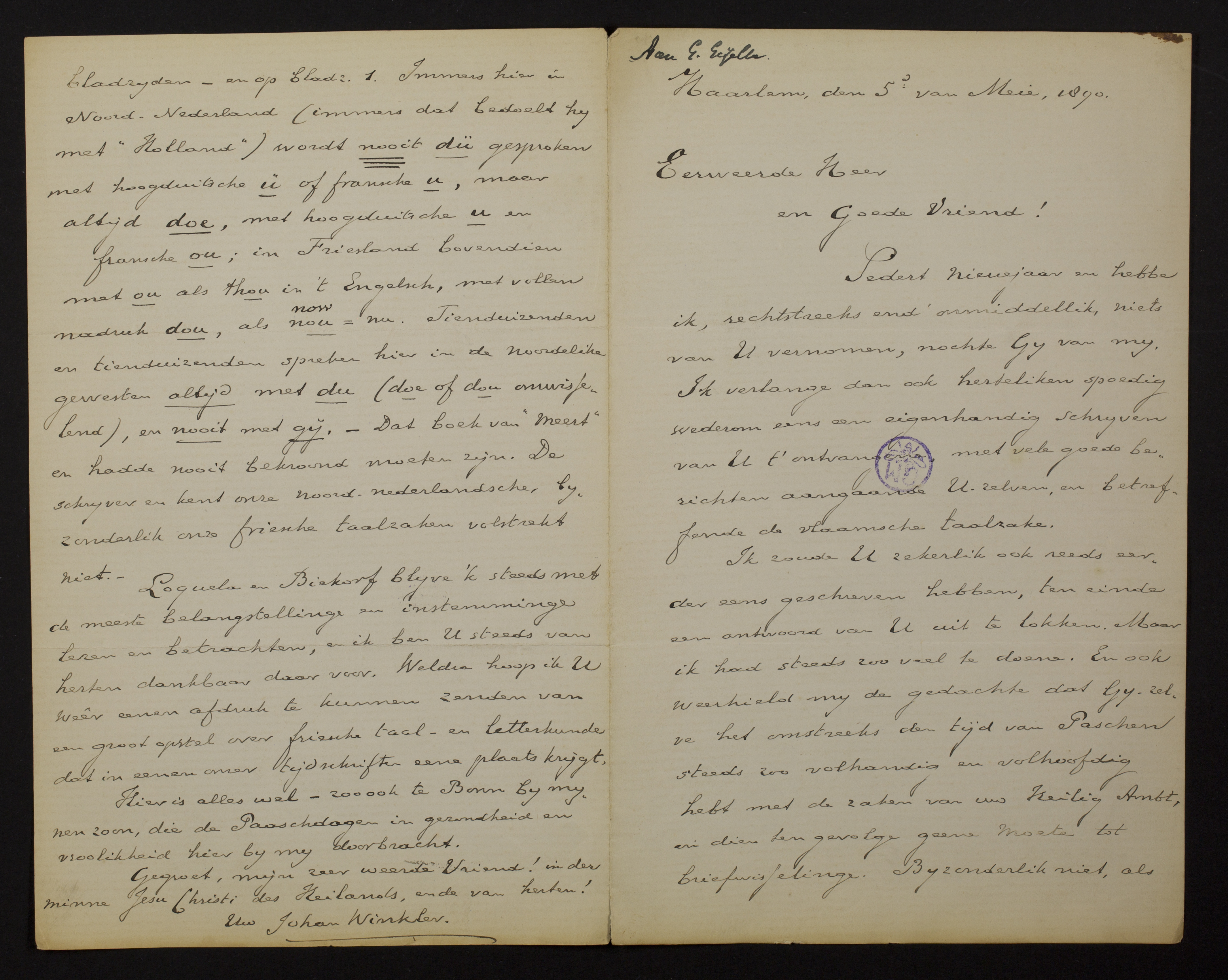 Johan Winkler aan [Guido Gezelle]