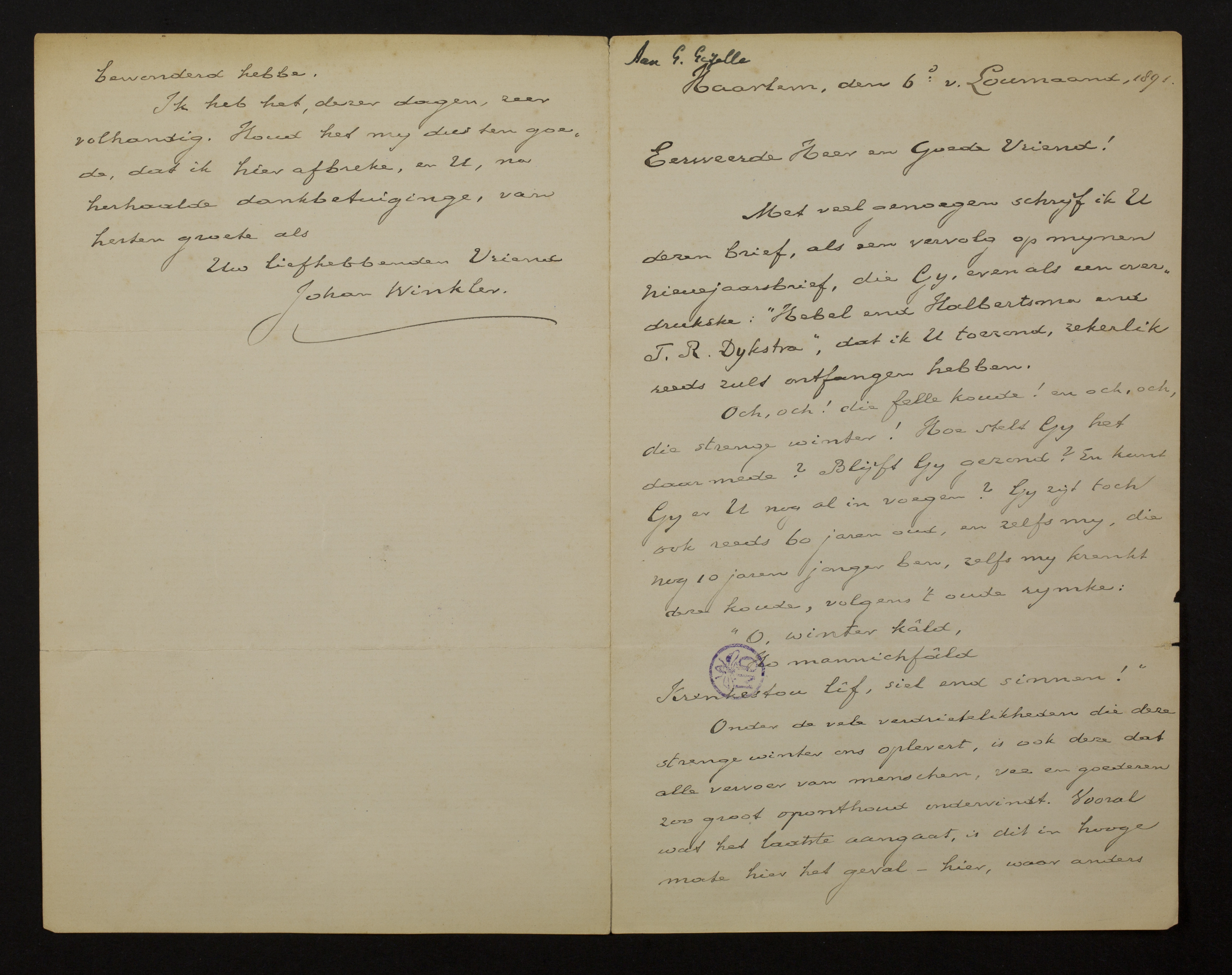 Johan Winkler aan [Guido Gezelle]