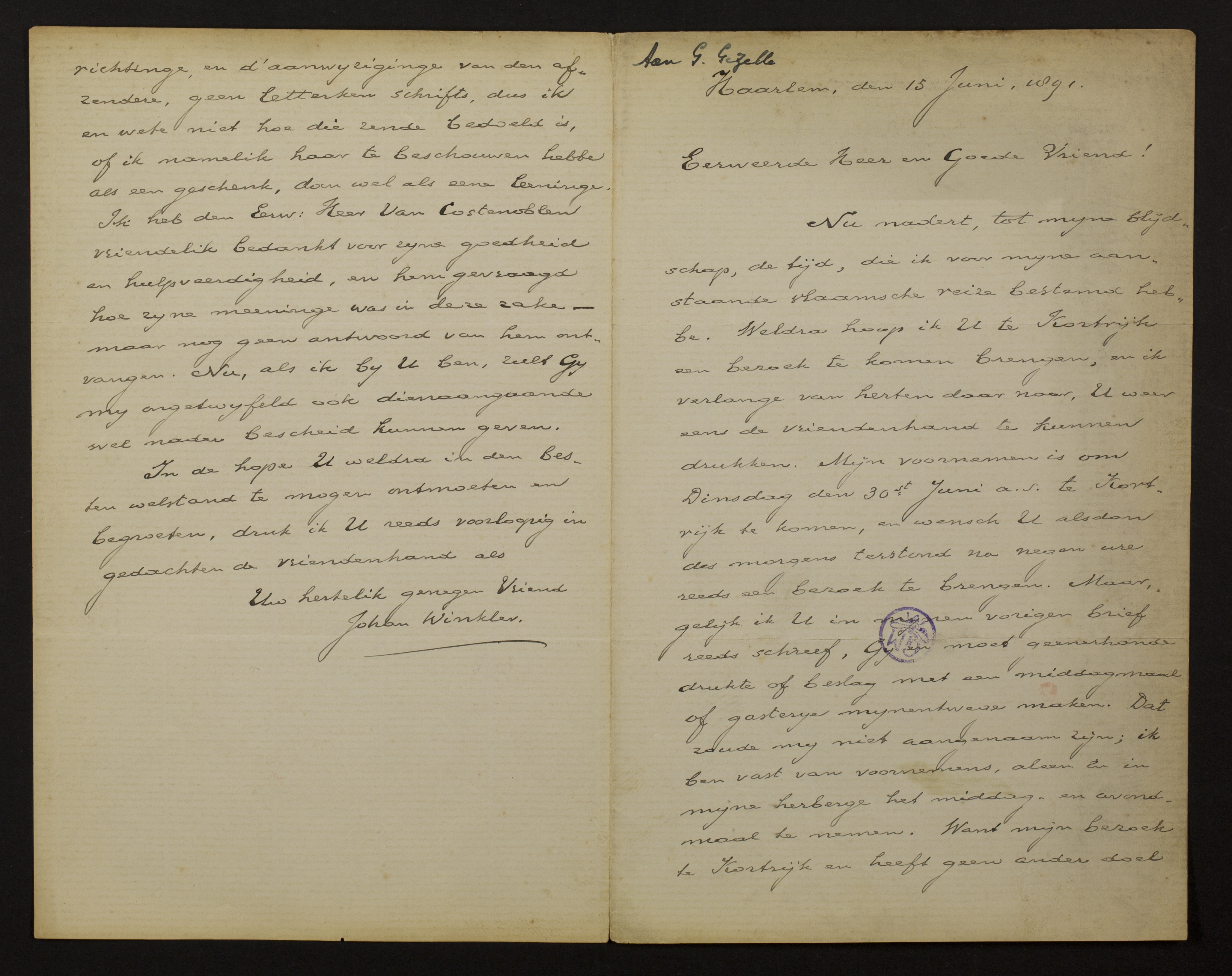 Johan Winkler aan [Guido Gezelle]