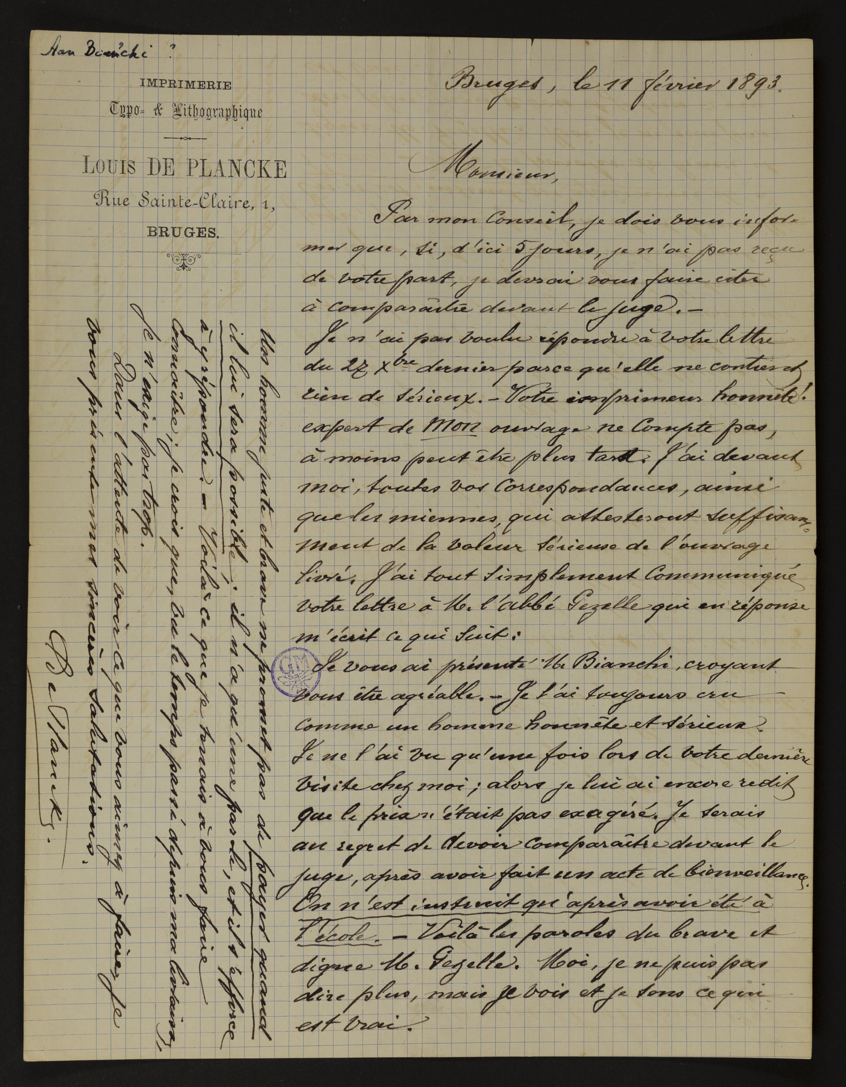 Louis De Plancke aan [Michel Bianchi]