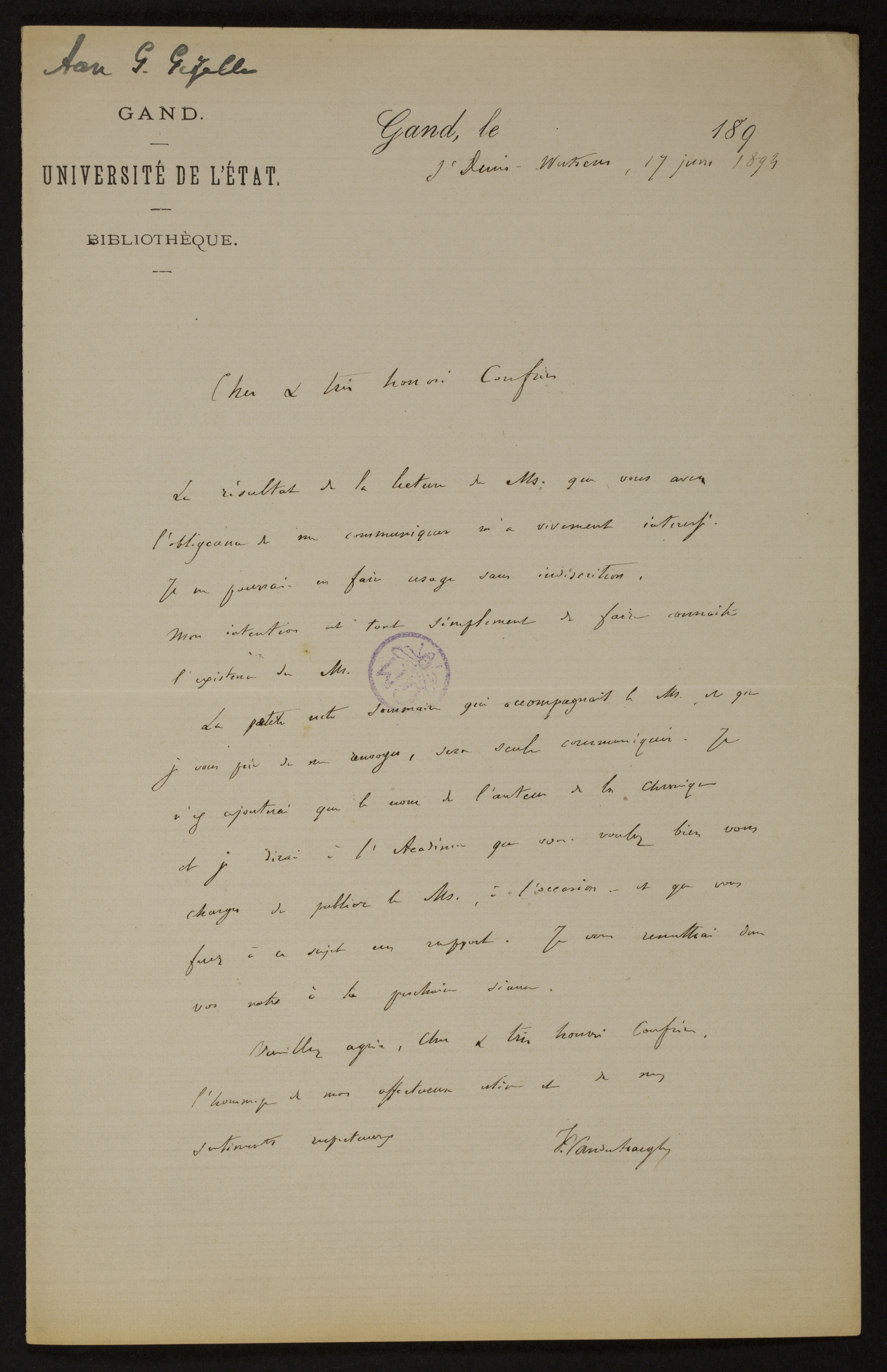 Ferdinand Vander Haeghen aan [Guido Gezelle]