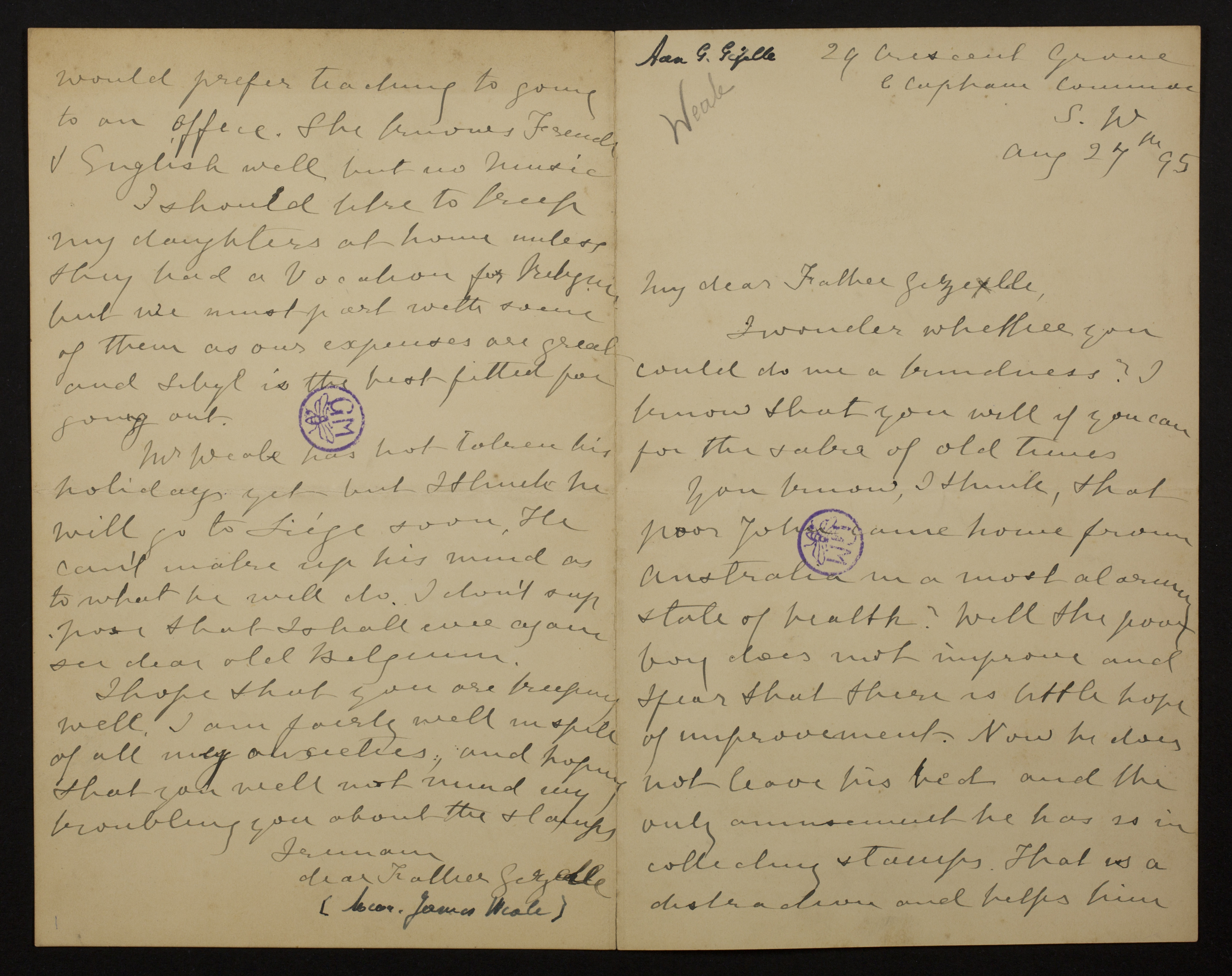 [Helena Amelia Walton (= mevrouw Helena Weale)] aan [Guido Gezelle]