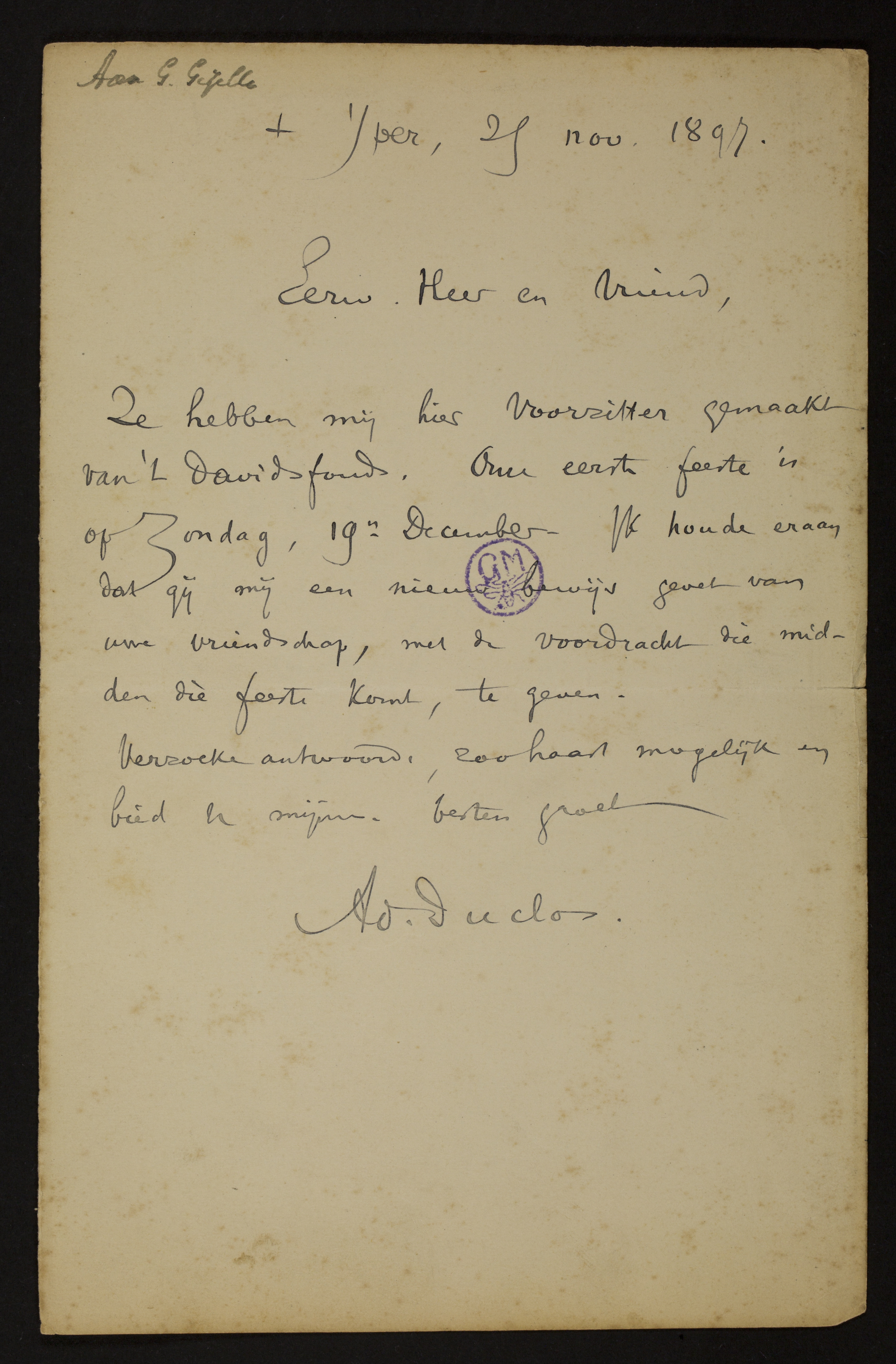 Adolf Juliaan Duclos aan [Guido Gezelle]