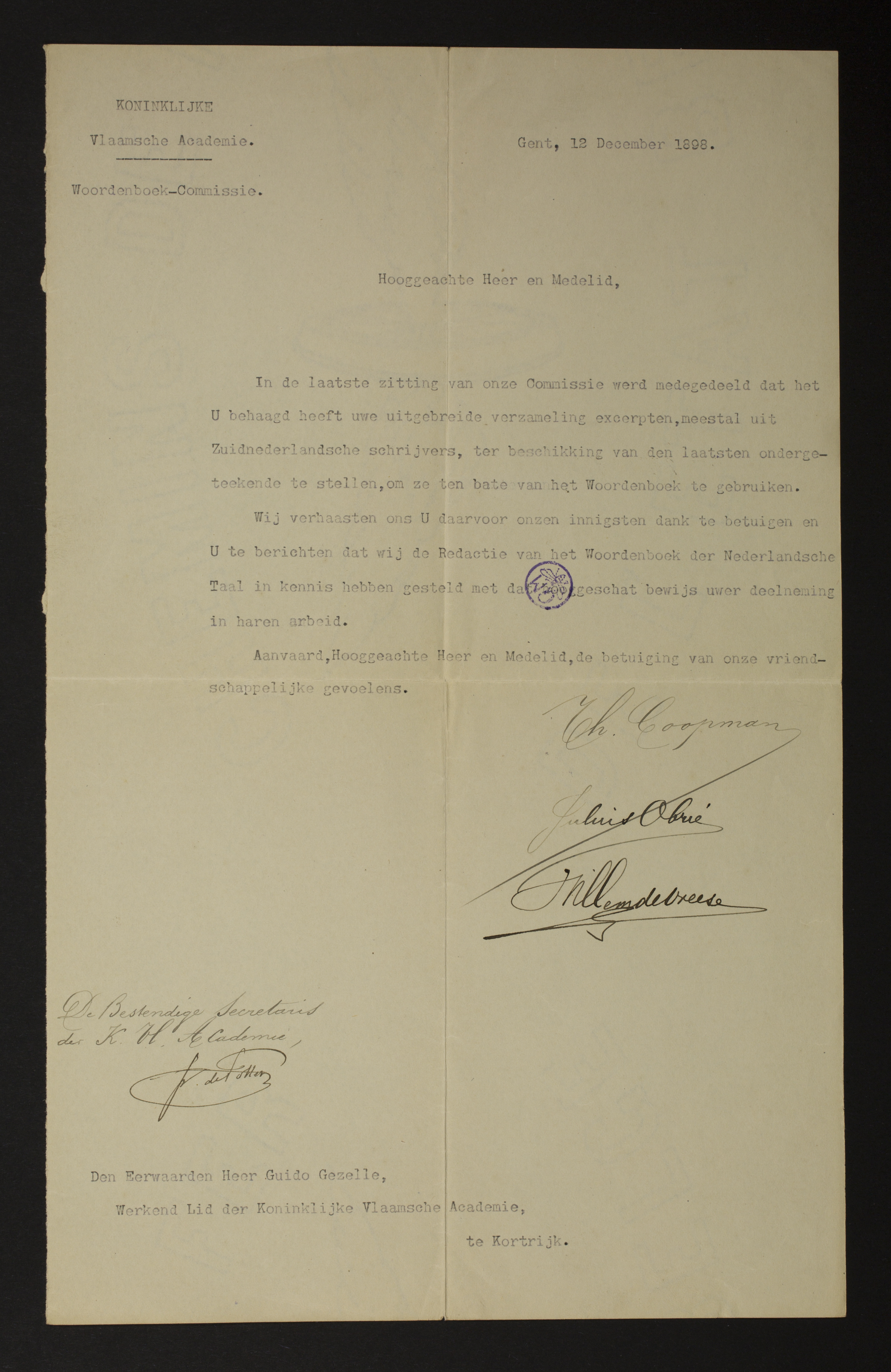 Theofiel Coopman; Julius Obrie; Willem Lodewijk De Vreese; Frans De Potter aan Guido Gezelle