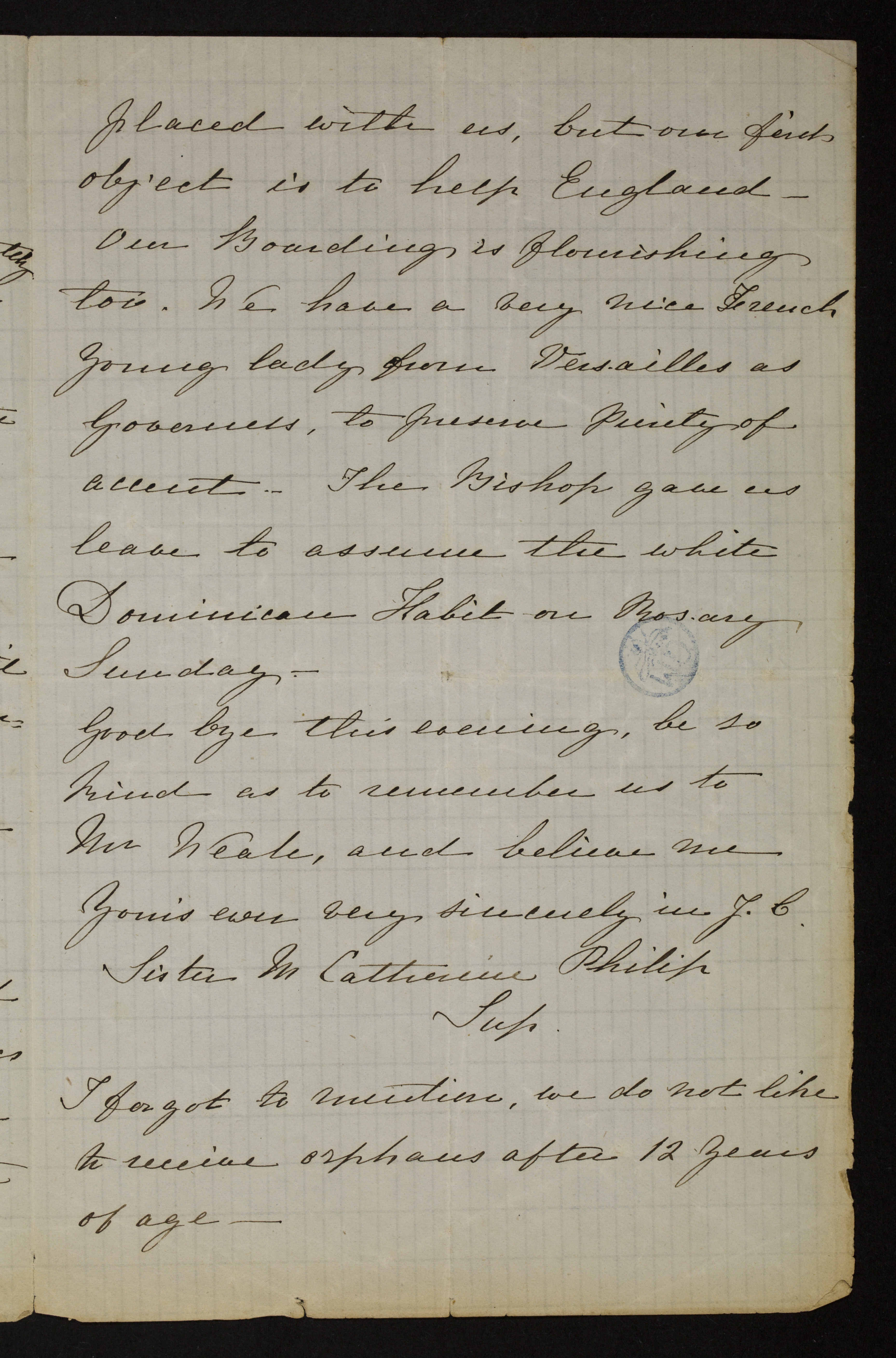 [Catherine Anne Bathurst] (= Zuster Mary Catherine Philip) aan [Helena Amelia Walton (= mevrouw Helena Weale)]