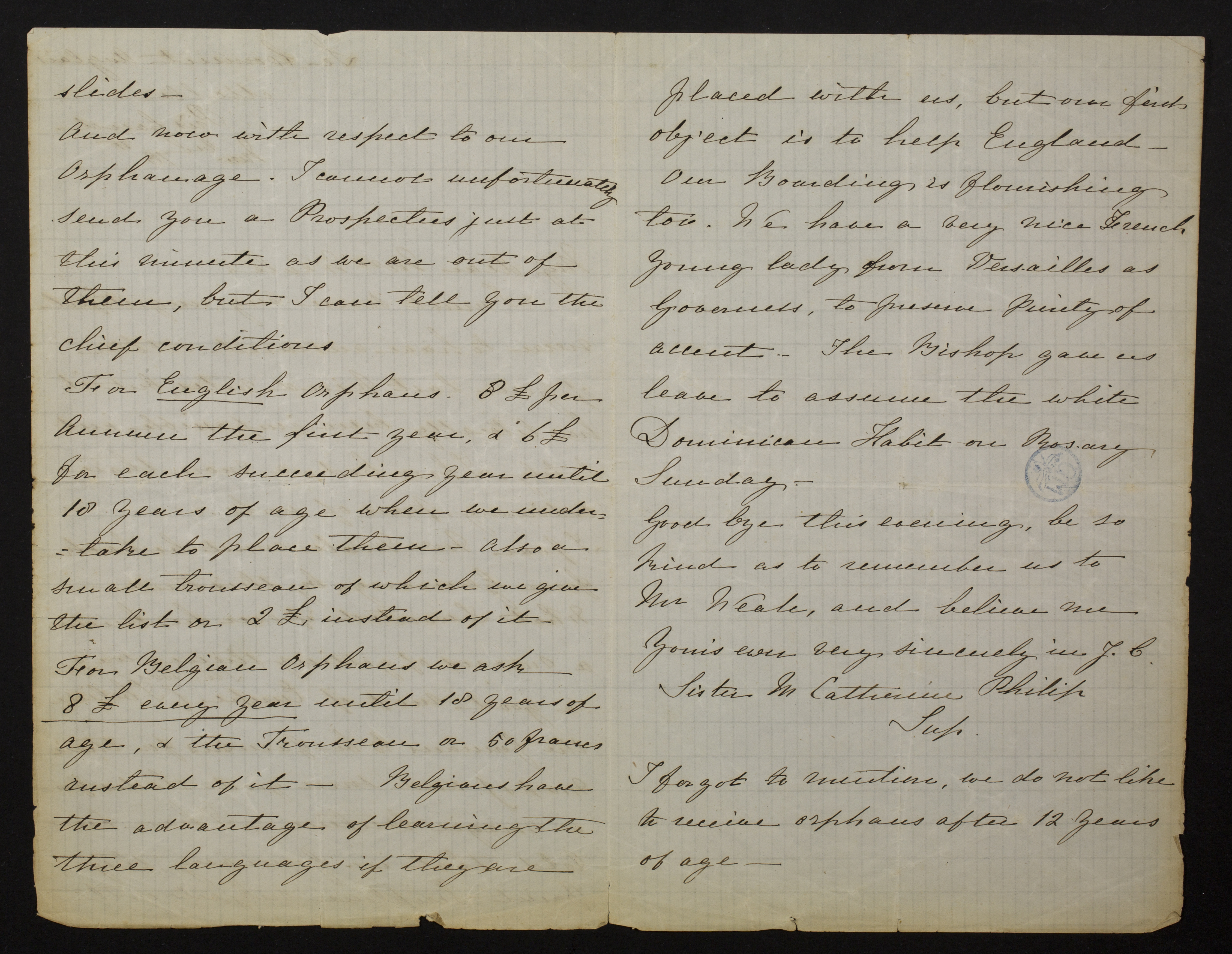 [Catherine Anne Bathurst] (= Zuster Mary Catherine Philip) aan [Helena Amelia Walton (= mevrouw Helena Weale)]