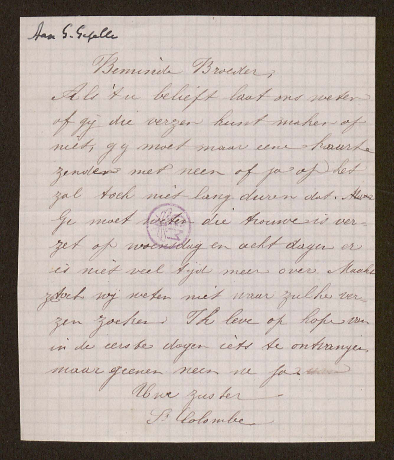 [Florence Gezelle] (= Zuster Colombe) aan [Guido Gezelle]