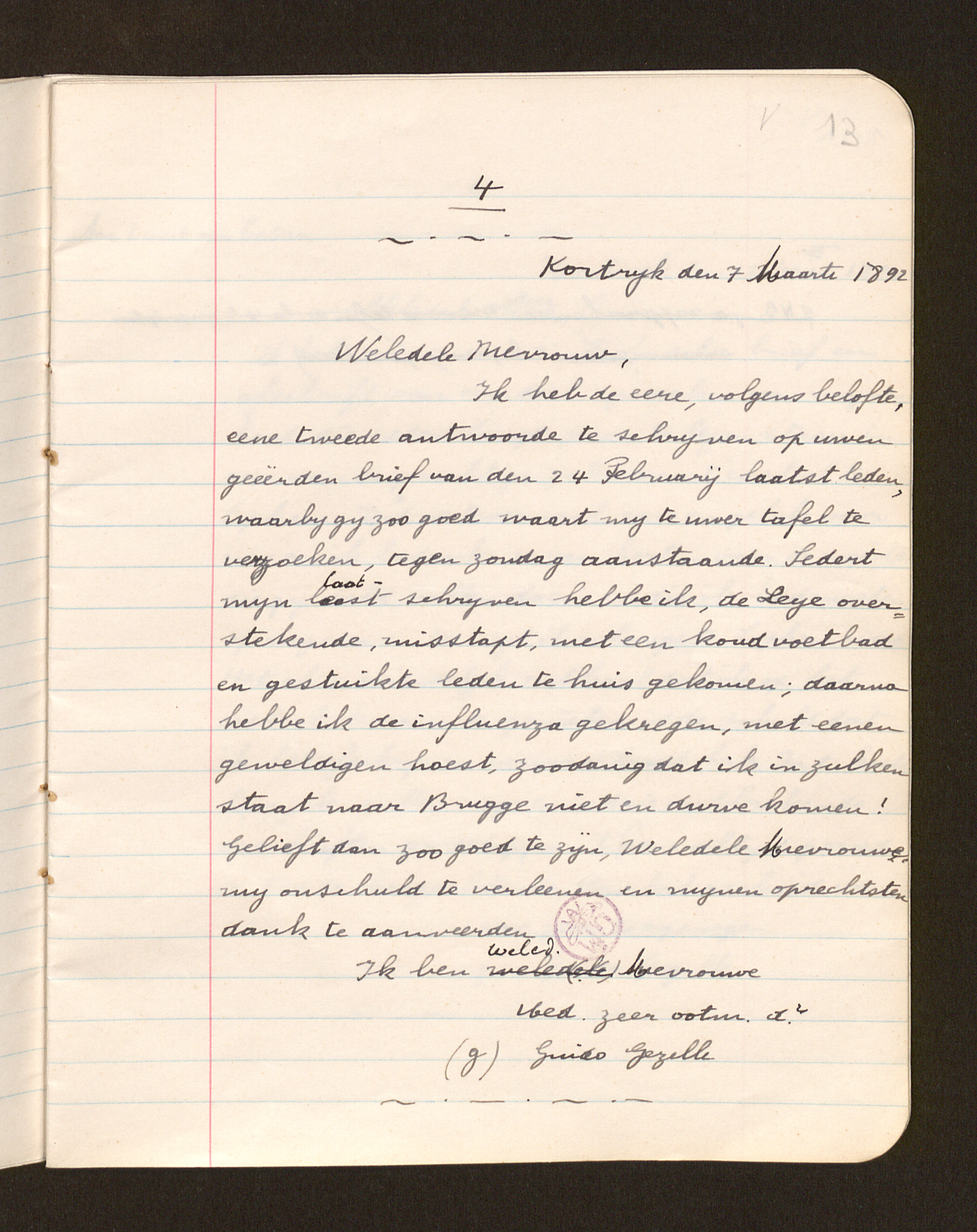 Guido Gezelle aan [Savina Louise Joséphine de Gourcy Serainchamps]
