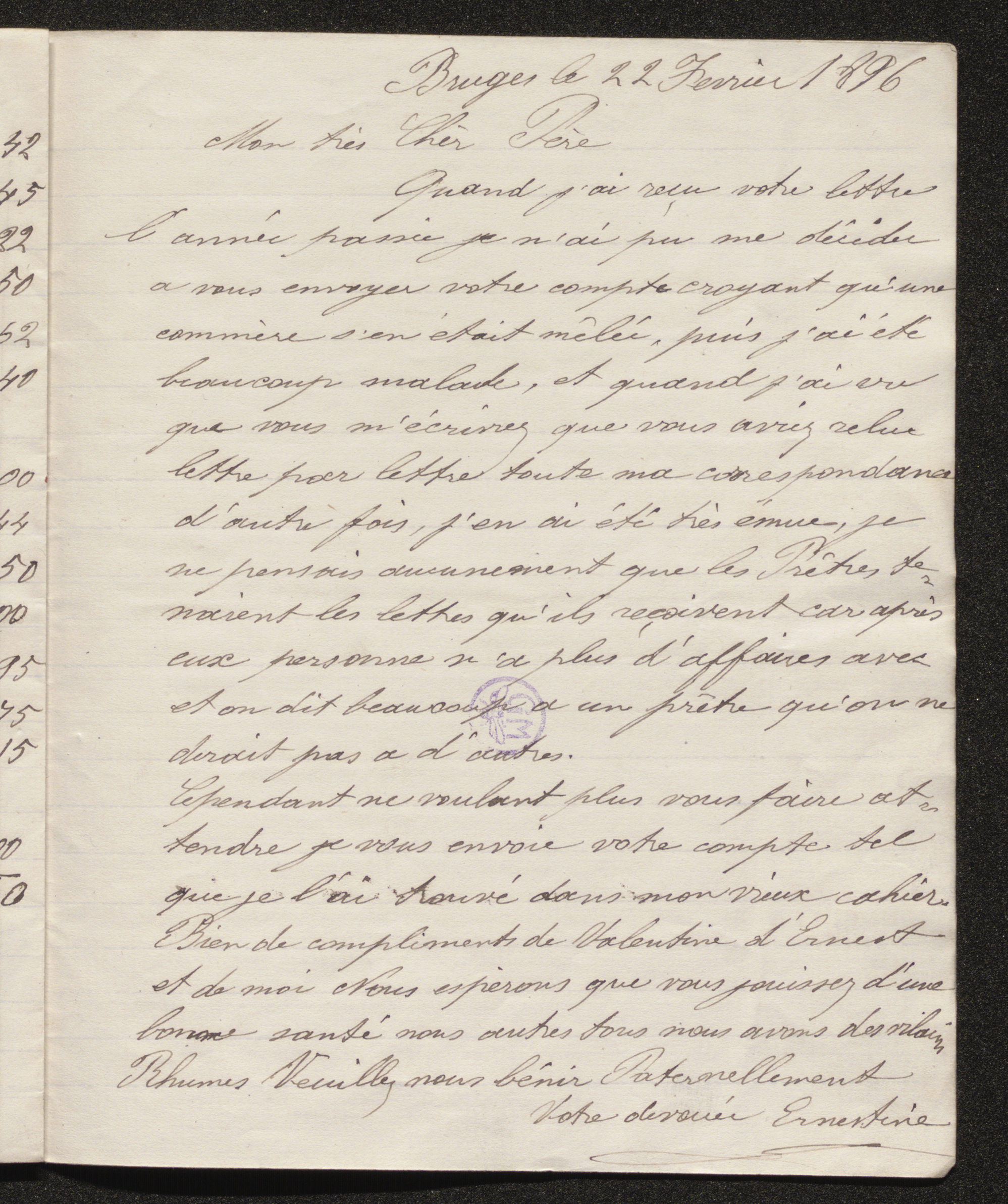 [Ernestine De Seille] (= mevrouw Ernestine Eeman) aan [Guido Gezelle]