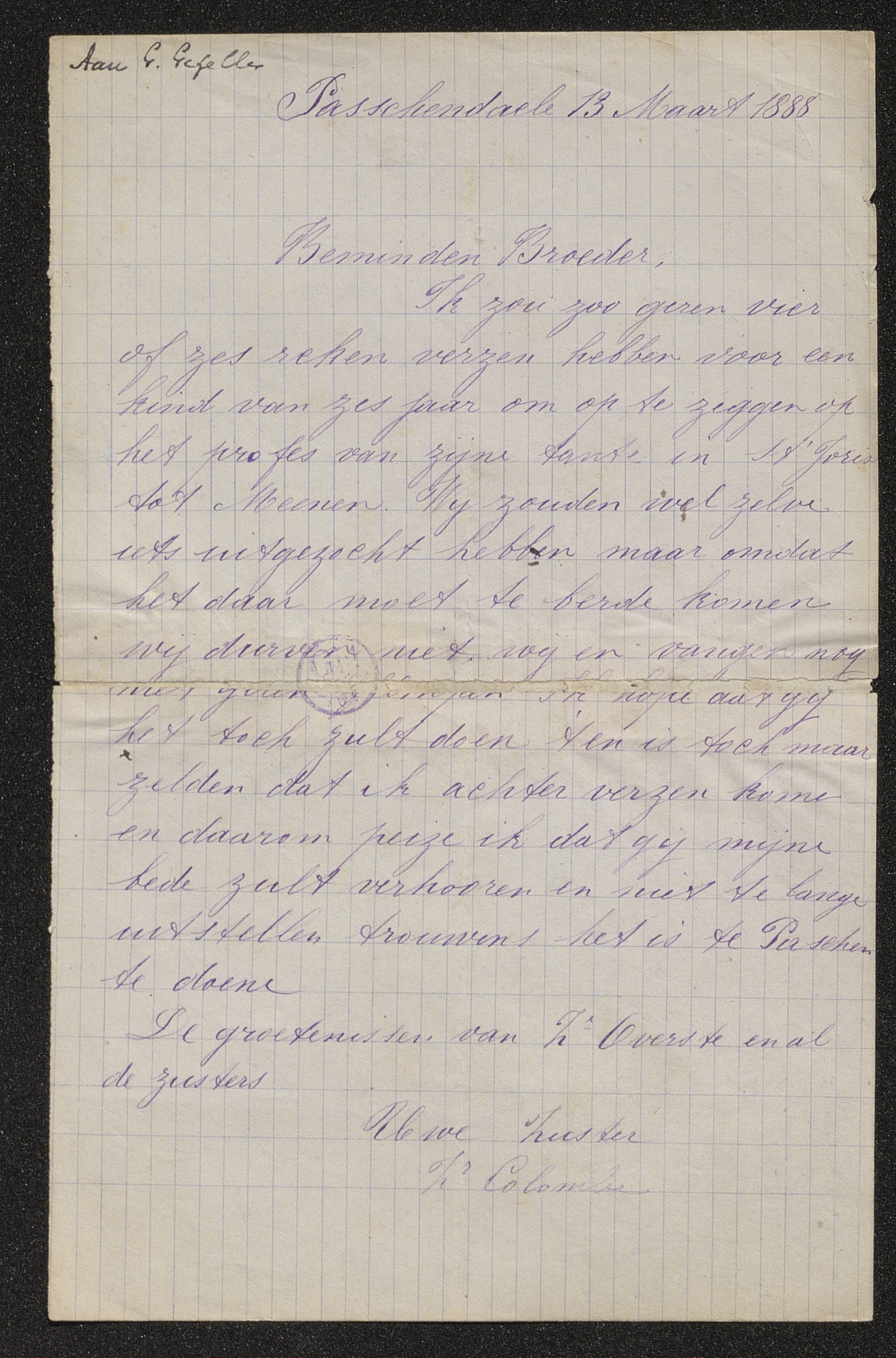 [Florence Gezelle] (= Zuster Colombe) aan [Guido Gezelle]